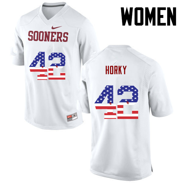 Women Oklahoma Sooners #42 Wesley Horky College Football USA Flag Fashion Jerseys-White - Click Image to Close